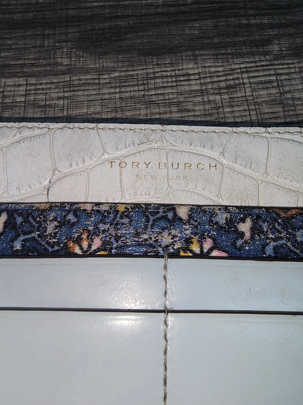 Tory Burch White Croc-Embossed Wallet with Navy Floral Trim